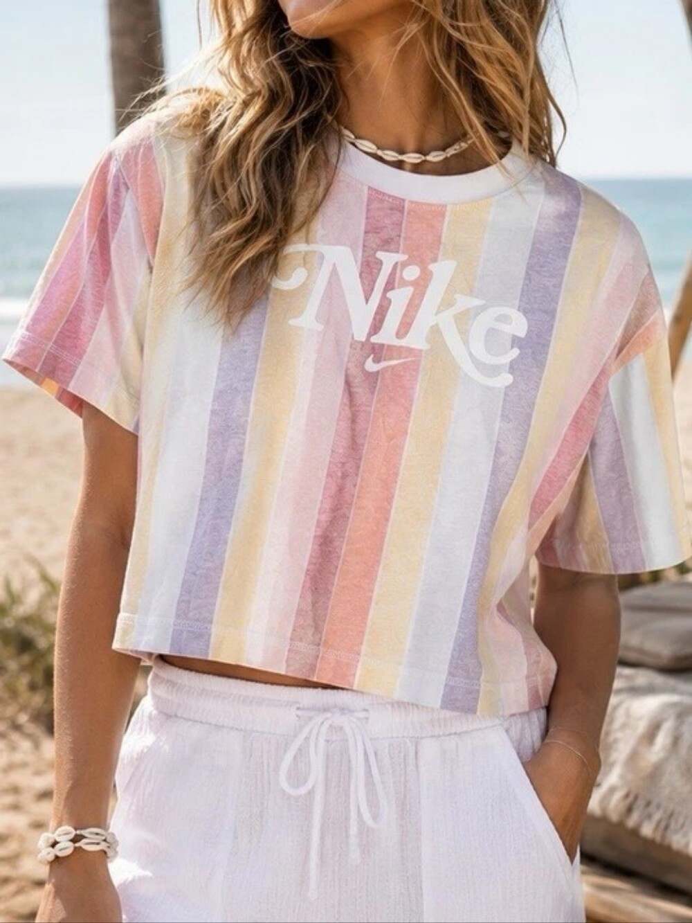 Nike Pastel Multicolor Crop Top M Y2K Beachy Coastal Surf Skater Soft Girl Tee